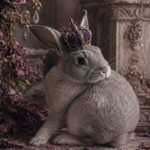 Affiche représentant une composition autour de lapin couronné violet