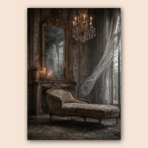 Décor ancien sombre avec chaise longue, miroir et chandelles