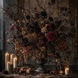 Affiche représentant un grand bouquet floral aux tons profonds, posé dans un intérieur ancien plein de caractère. La composition est dense, riche en textures, avec une présence presque théâtrale qui attire le regard