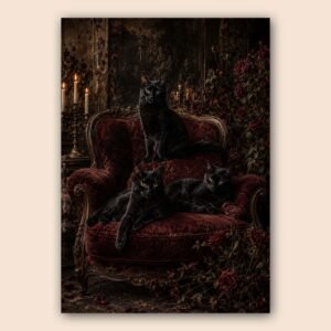 Affiche avec trois chats noirs sur fauteuil ancien, décor sombre et vintage