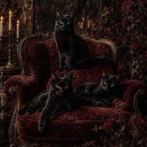 Affiche représentant trois chats noirs installés sur un fauteuil ancien en velours bordeaux, dans un décor sombre et travaillé. L’ensemble crée une atmosphère à la fois mystérieuse, élégante et un peu théâtrale
