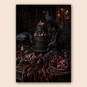 Poster décoratif sombre avec corbeaux et fruits