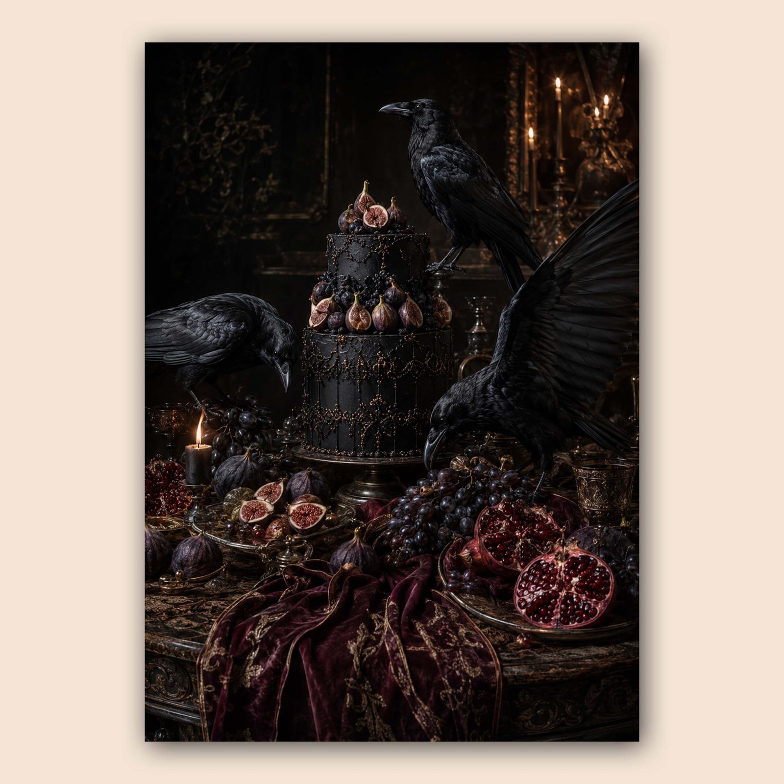 Poster décoratif sombre avec corbeaux et fruits