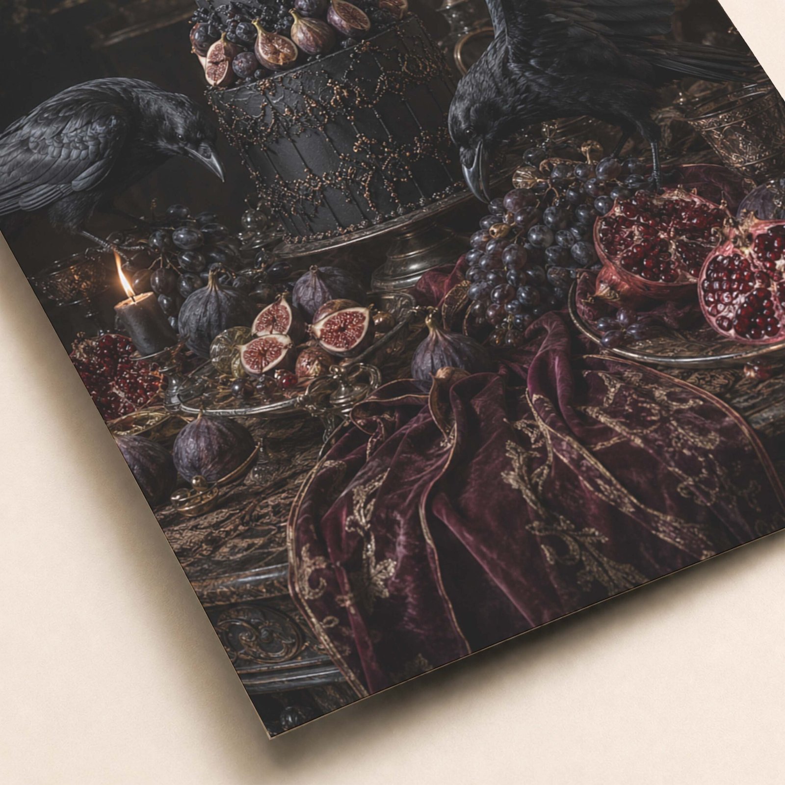Détail de l'affiche avec corbeaux noirs et fruits sombres