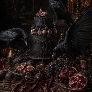 Affiche représentant une composition autour de nature morte gothique sombre