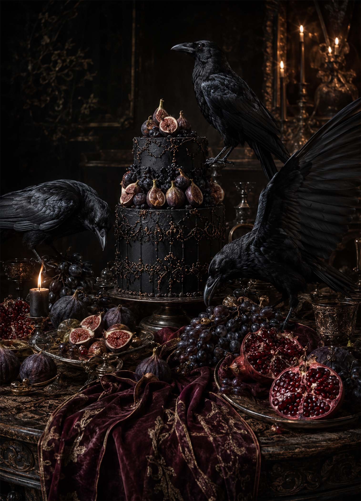 Affiche représentant une composition autour de nature morte gothique sombre