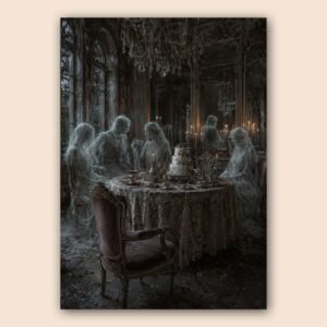Scène gothique avec silhouettes fantomatiques autour d'une table