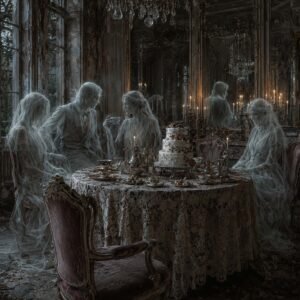 Affiche d'une table fantomatique dans un intérieur ancien et sombre