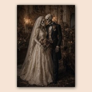 Affiche décorative avec couple de squelettes en mariage
