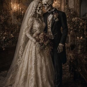 Affiche représentant un couple de squelettes en tenue de mariage, dans une atmosphère sombre et raffinée. Le contraste entre la robe claire, le costume noir et le décor ancien crée une présence forte, presque cinématographique