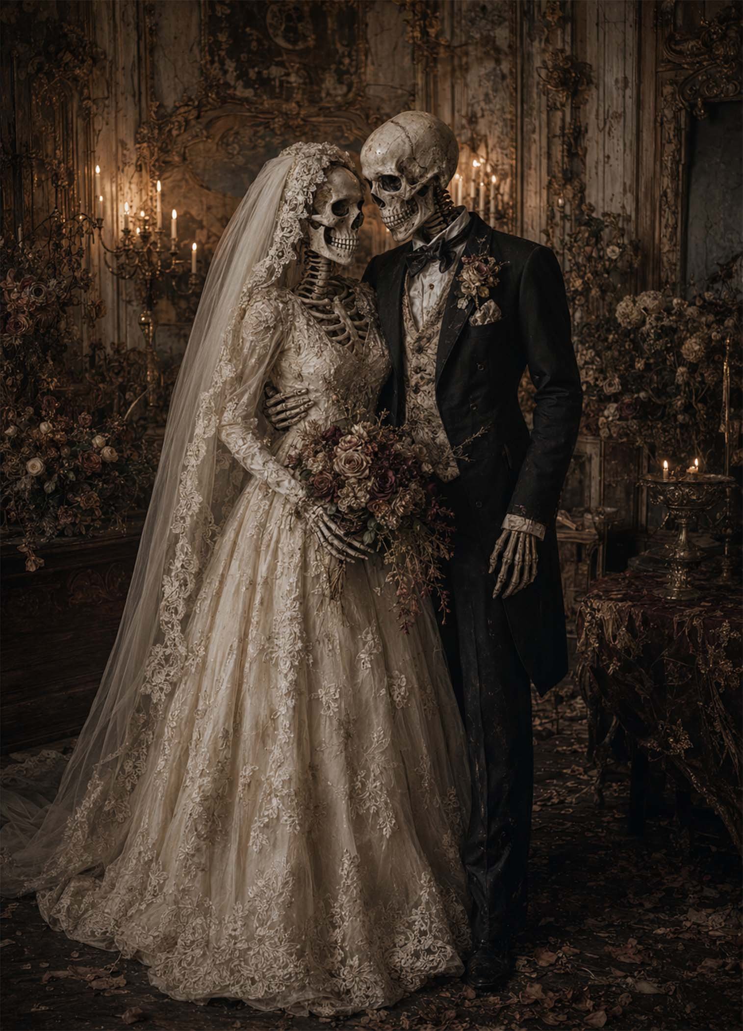 Affiche représentant un couple de squelettes en tenue de mariage, dans une atmosphère sombre et raffinée. Le contraste entre la robe claire, le costume noir et le décor ancien crée une présence forte, presque cinématographique