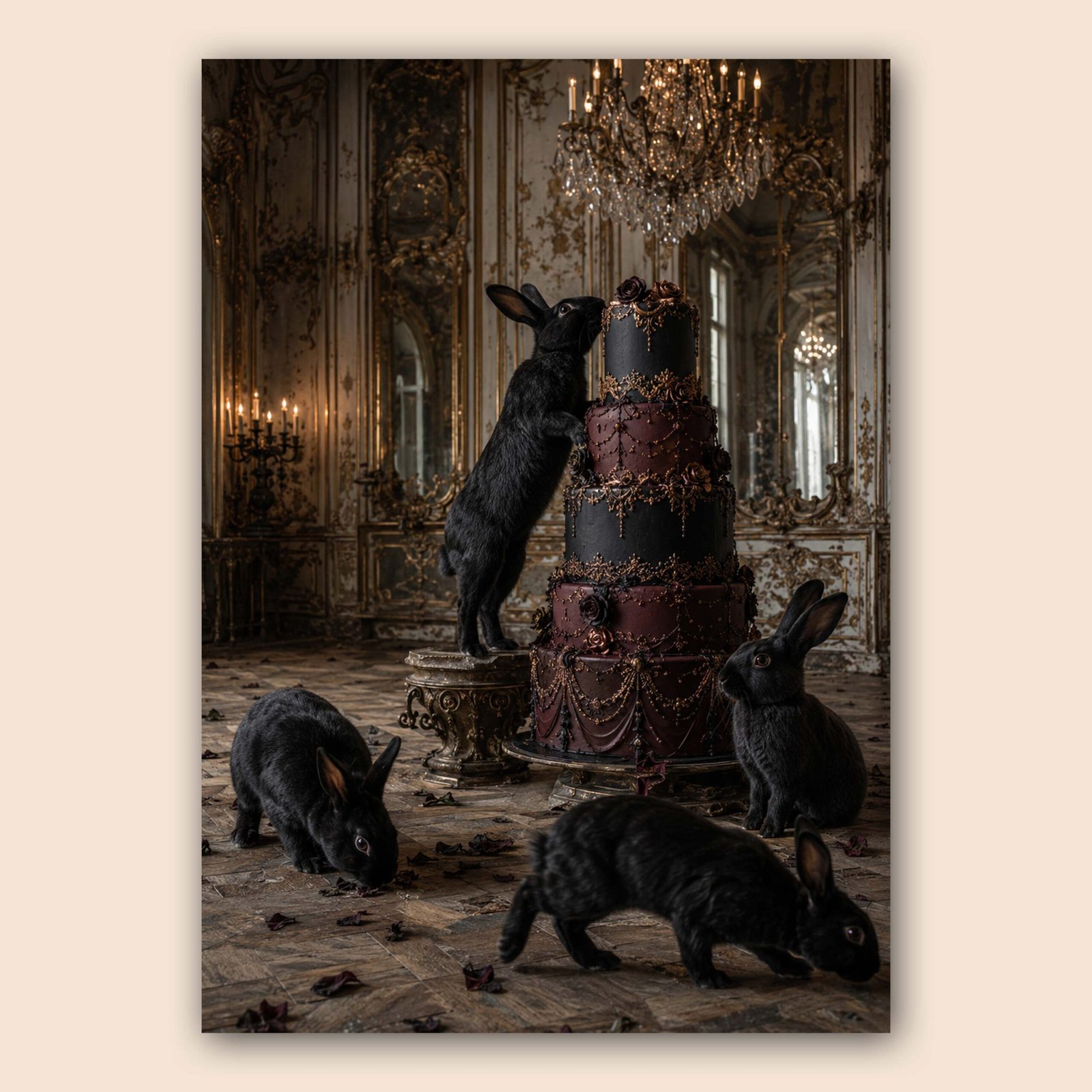 Illustration de lapins noirs dans un salon baroque