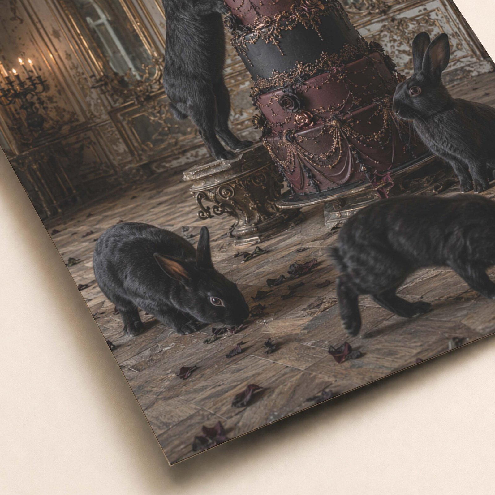Détail de l’affiche avec lapins noirs et gâteau sombre