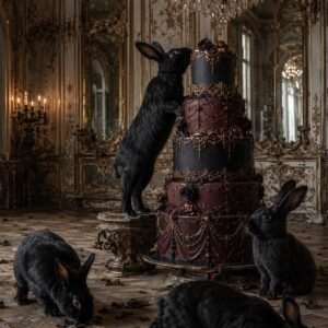 Affiche représentant plusieurs lapins noirs dans un décor somptueux, avec un grand gâteau sombre au centre de l’image. L’ensemble crée une composition à la fois étrange, élégante et très décorative