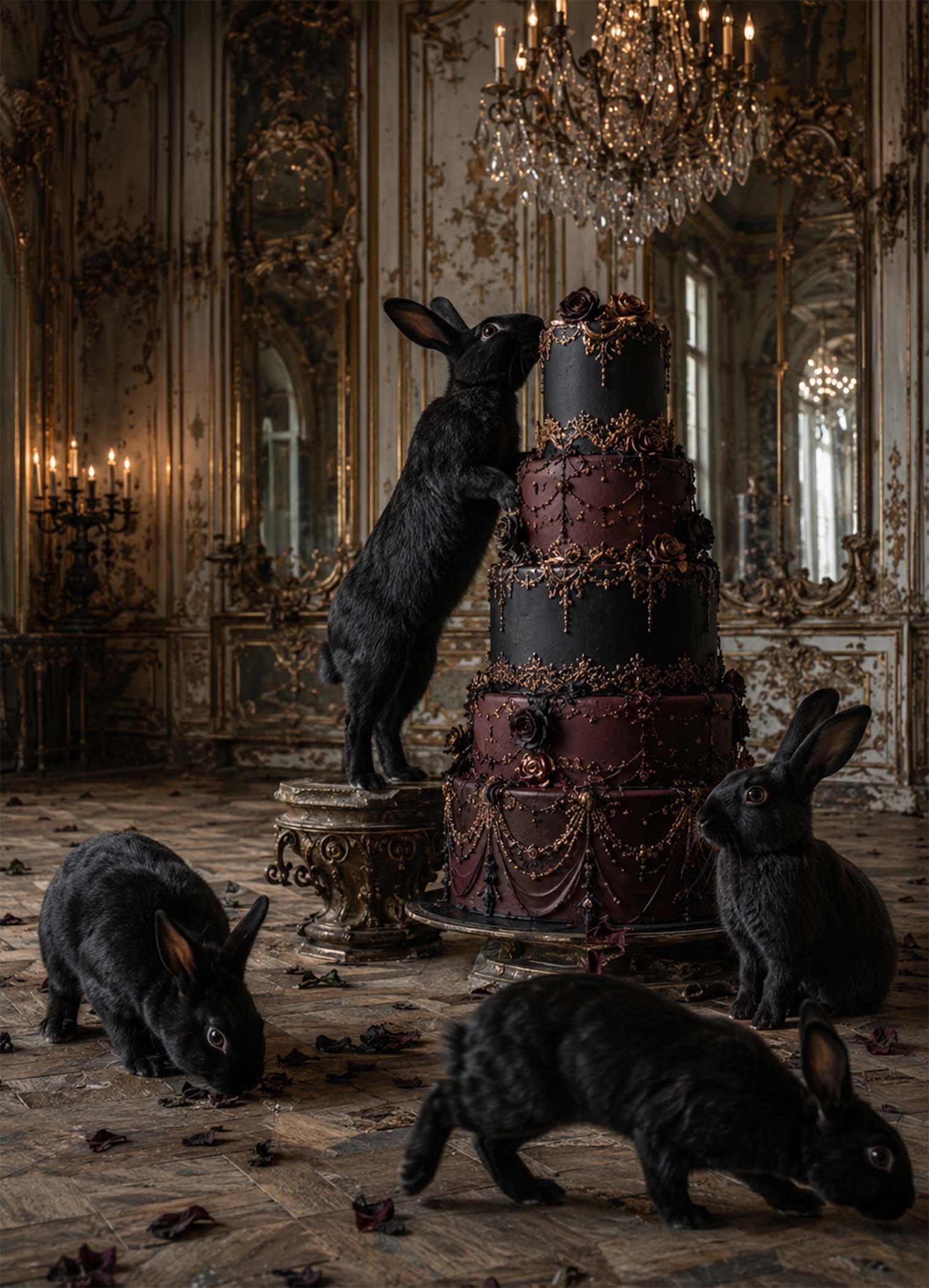 Affiche représentant plusieurs lapins noirs dans un décor somptueux, avec un grand gâteau sombre au centre de l’image. L’ensemble crée une composition à la fois étrange, élégante et très décorative