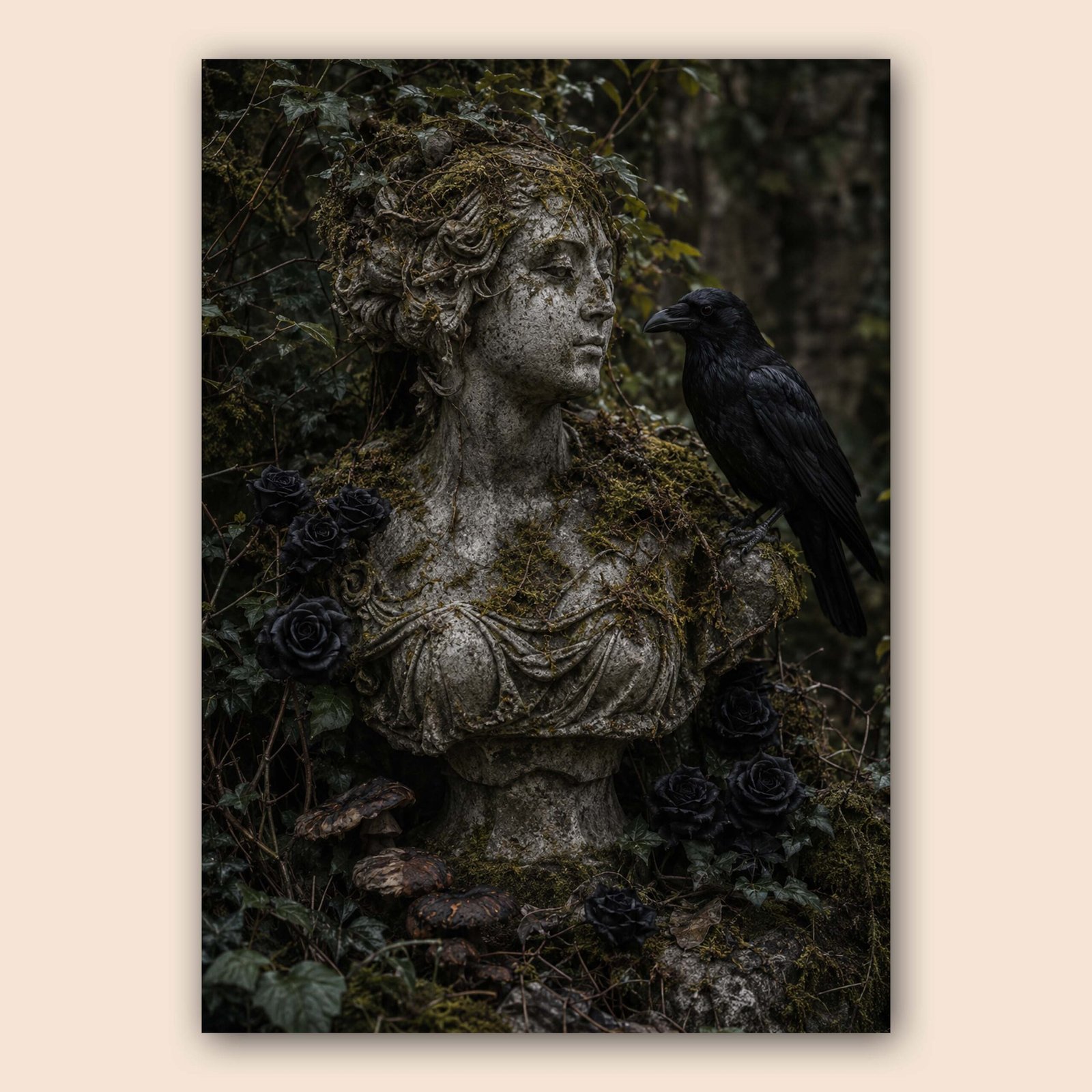 Statue féminine en pierre avec corbeau et fleurs noires