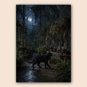 Illustration sombre d’un chat noir dans une serre avec végétation et lune