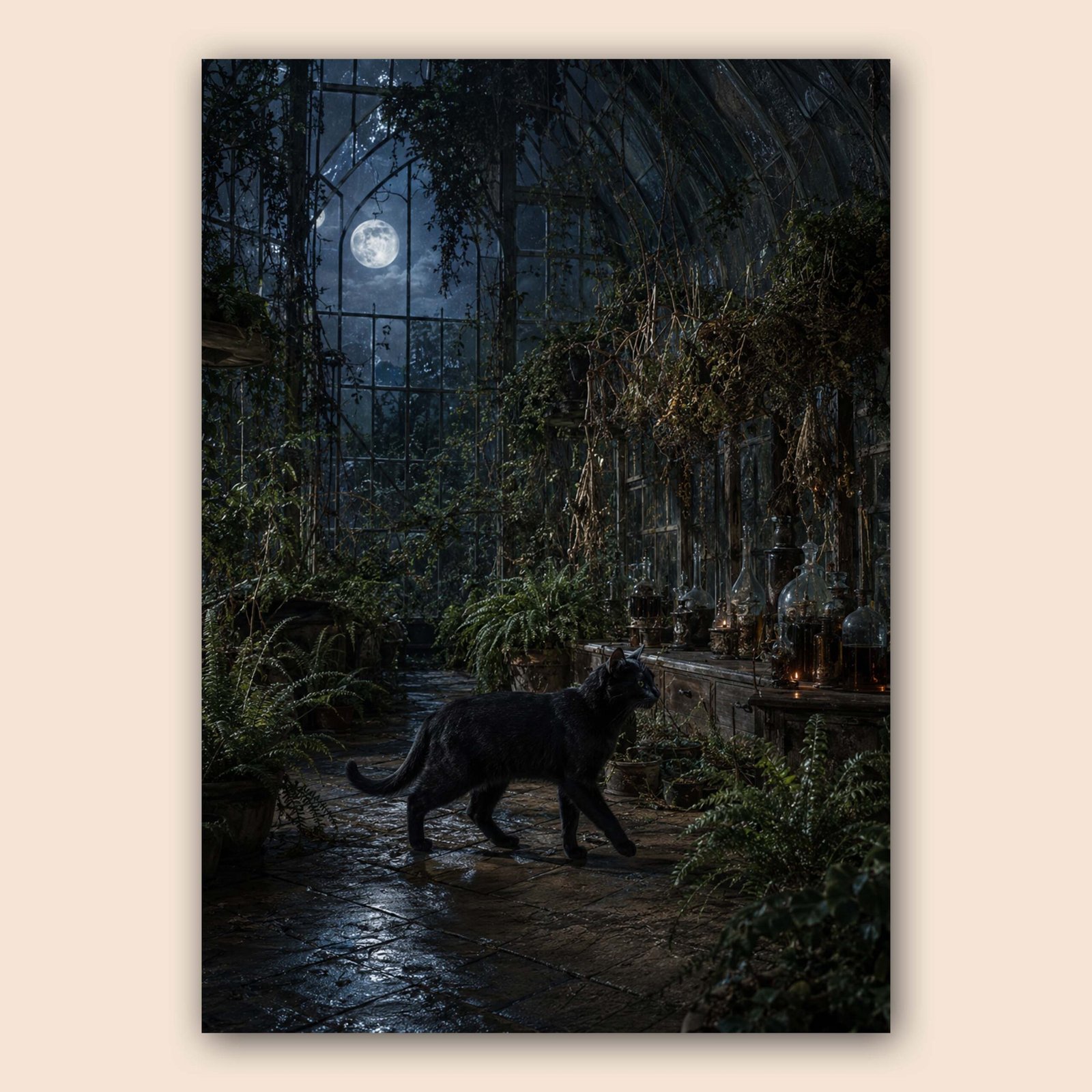 Illustration sombre d’un chat noir dans une serre avec végétation et lune