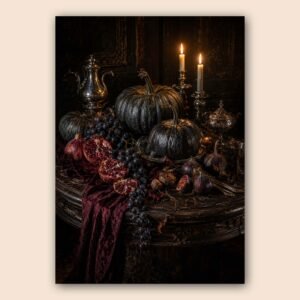 Affiche sombre avec citrouilles, raisins et bougies