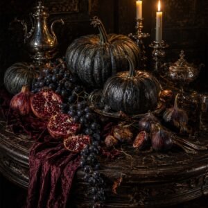 Affiche représentant une nature morte sombre et raffinée, où citrouilles, raisins, figues et bougies composent une composition dense et spectaculaire. L’ensemble joue sur les contrastes entre les matières brillantes, les fruits profonds et la lumière chaude des flammes
