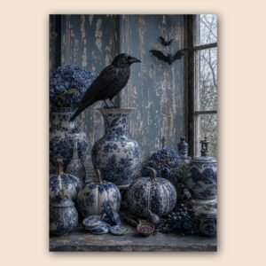 Affiche décorative avec corbeau noir et vases bleu et blanc