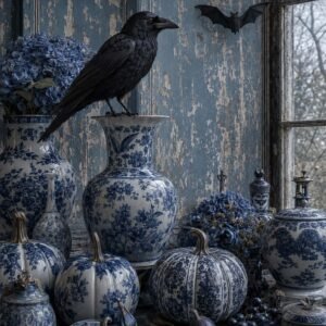 Affiche représentant une nature morte raffinée, construite autour de céramiques bleu et blanc, de fleurs sombres et d’un corbeau noir posé au premier plan. L’ensemble crée une composition dense, presque théâtrale, qui attire le regard sans en faire trop