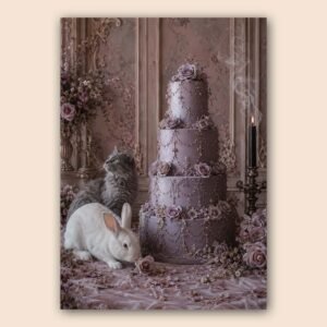Affiche romantique avec gâteau lilas, fleurs, lapin blanc et chat gris