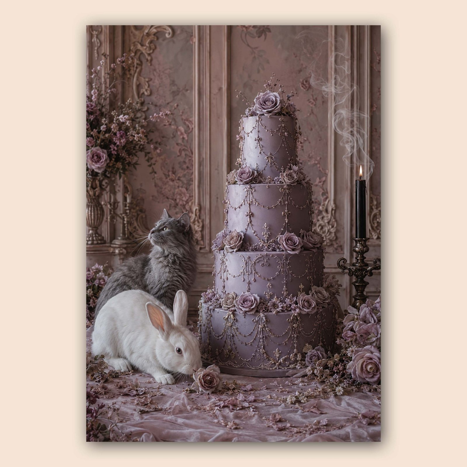 Affiche romantique avec gâteau lilas, fleurs, lapin blanc et chat gris