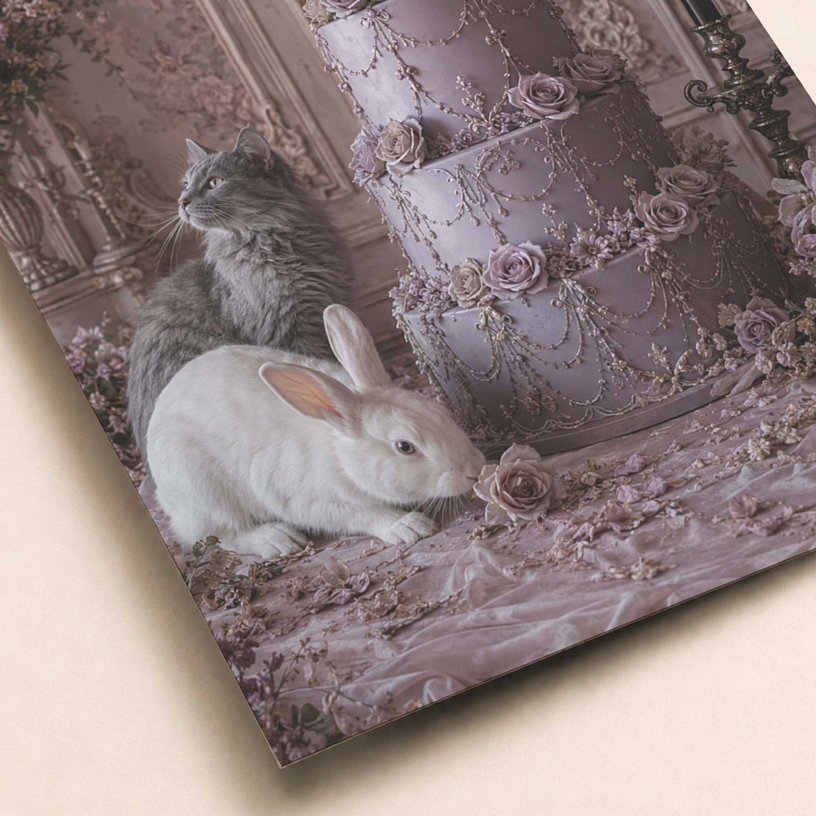 Détail de l'affiche montrant le gâteau lilas fleuri et les animaux