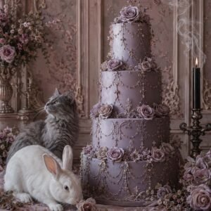 Affiche représentant un grand gâteau de cérémonie lilas, délicatement décoré de fleurs et de guirlandes, dans une ambiance romantique et presque onirique. Le lapin blanc et le chat gris apportent une présence douce et inattendue, qui donne tout son charme à la composition