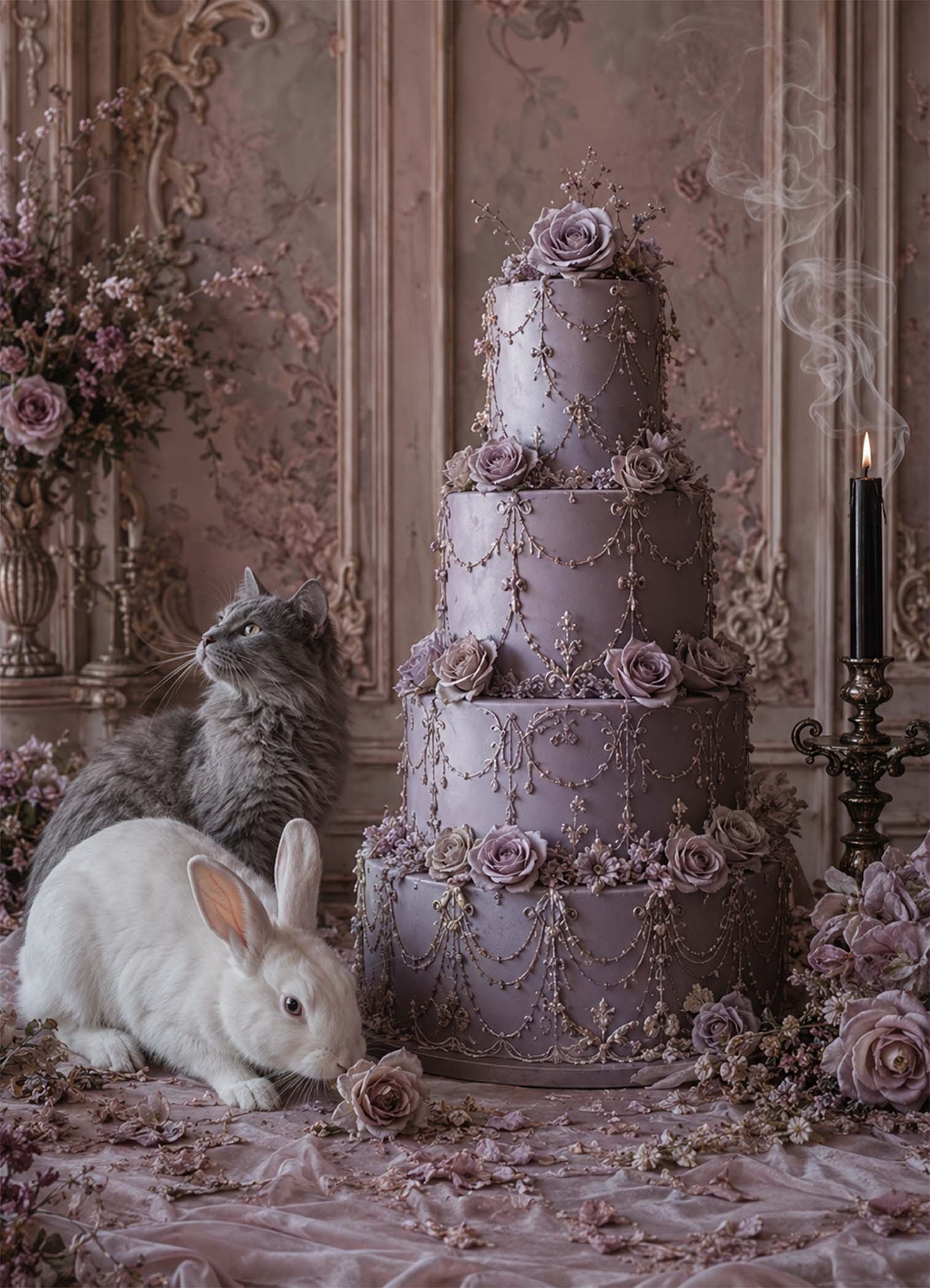 Affiche représentant un grand gâteau de cérémonie lilas, délicatement décoré de fleurs et de guirlandes, dans une ambiance romantique et presque onirique. Le lapin blanc et le chat gris apportent une présence douce et inattendue, qui donne tout son charme à la composition