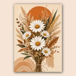 Bouquet de marguerites et fleurs séchées sur fond beige