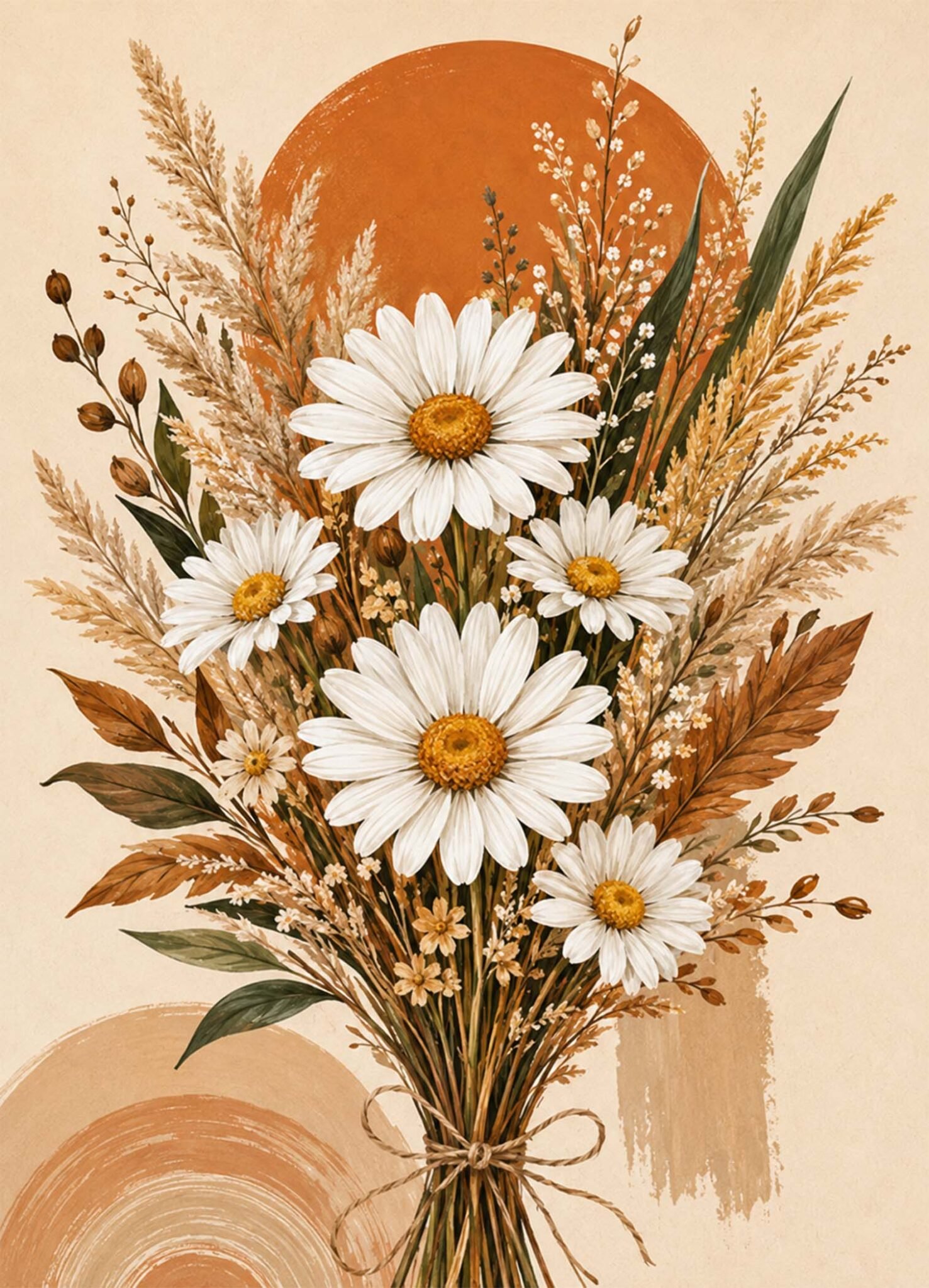 Affiche représentant Un bouquet de marguerites et de fleurs séchées qui apporte tout de suite une sensation de douceur à la pièce. La composition mêle des pétales blancs lumineux, des feuillages naturels et des tons terracotta chaleureux