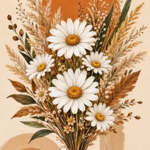 Affiche représentant Un bouquet de marguerites et de fleurs séchées qui apporte tout de suite une sensation de douceur à la pièce. La composition mêle des pétales blancs lumineux, des feuillages naturels et des tons terracotta chaleureux