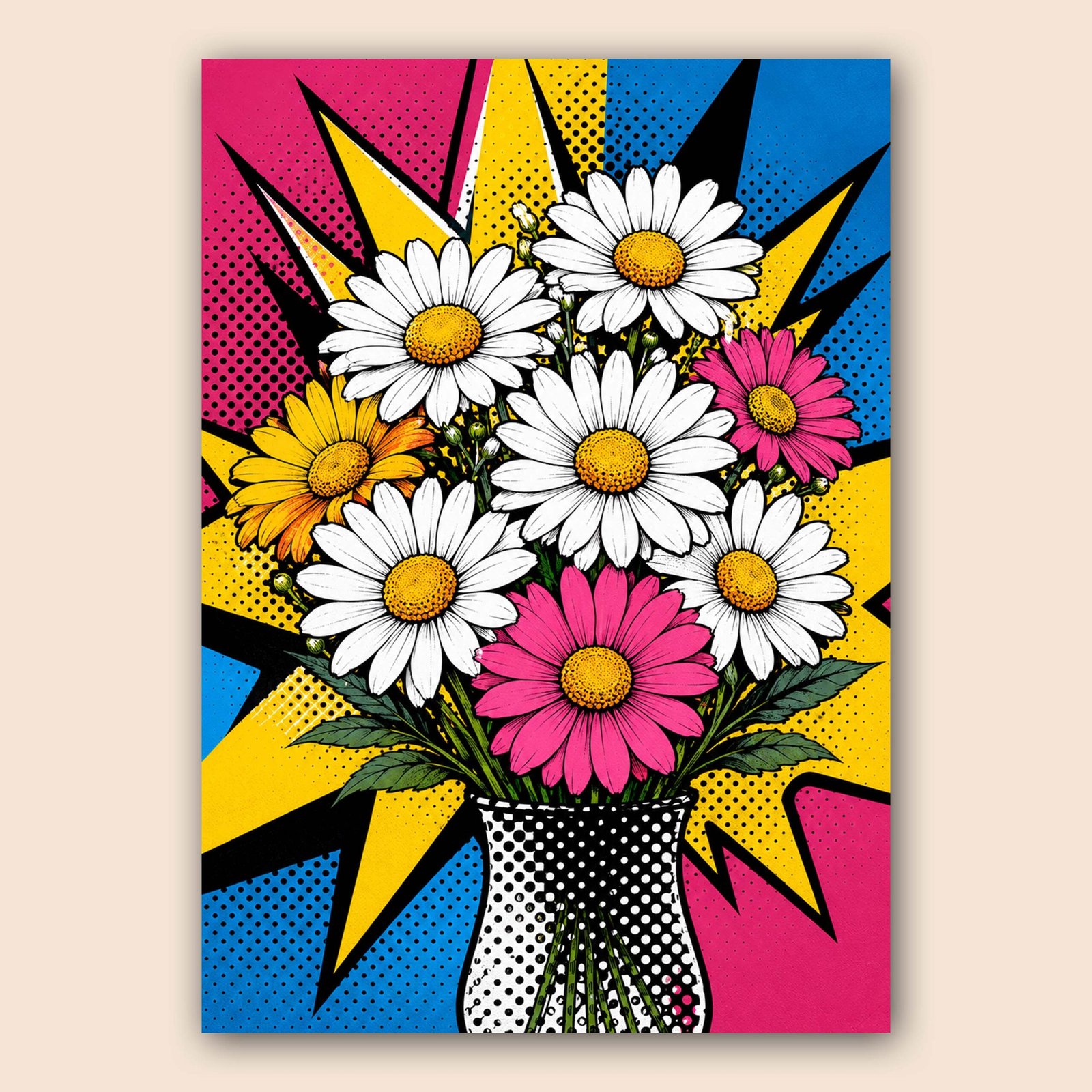Illustration pop art d’un bouquet de fleurs colorées avec marguerites blanches et roses