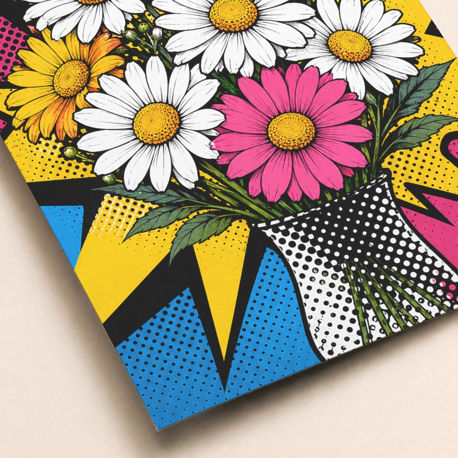 Détail du bouquet de marguerites pop art avec contours noirs et fond coloré