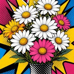 Affiche représentant Un bouquet de marguerites revisité dans un esprit pop art plein d’énergie. Les fleurs blanches et roses ressortent avec beaucoup de contraste sur un fond éclaté, pour une déco qui attire tout de suite le regard