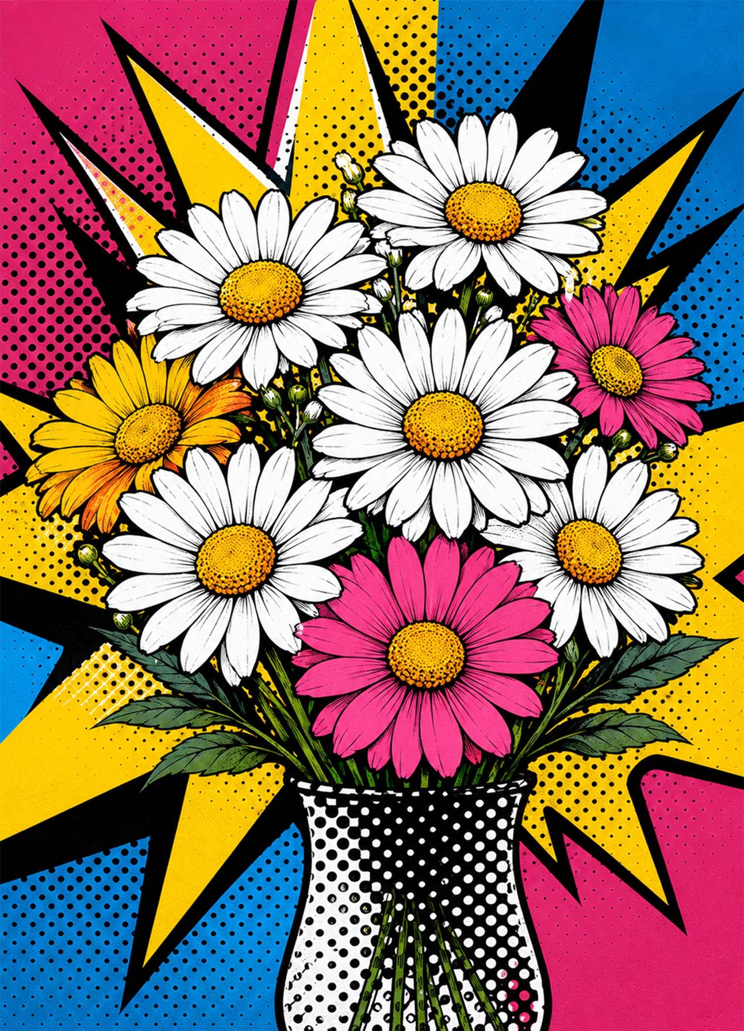Affiche représentant Un bouquet de marguerites revisité dans un esprit pop art plein d’énergie. Les fleurs blanches et roses ressortent avec beaucoup de contraste sur un fond éclaté, pour une déco qui attire tout de suite le regard