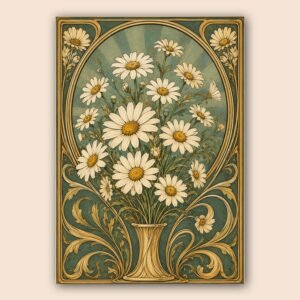 Affiche florale vintage avec marguerites et décor Art nouveau
