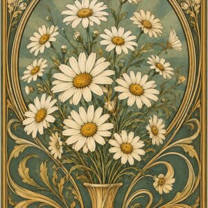 Affiche représentant un bouquet de marguerites blanches dans un vase décoratif, sur un fond vert sauge profond. Les ornements dorés et les courbes élégantes lui donnent un charme vintage très décoratif