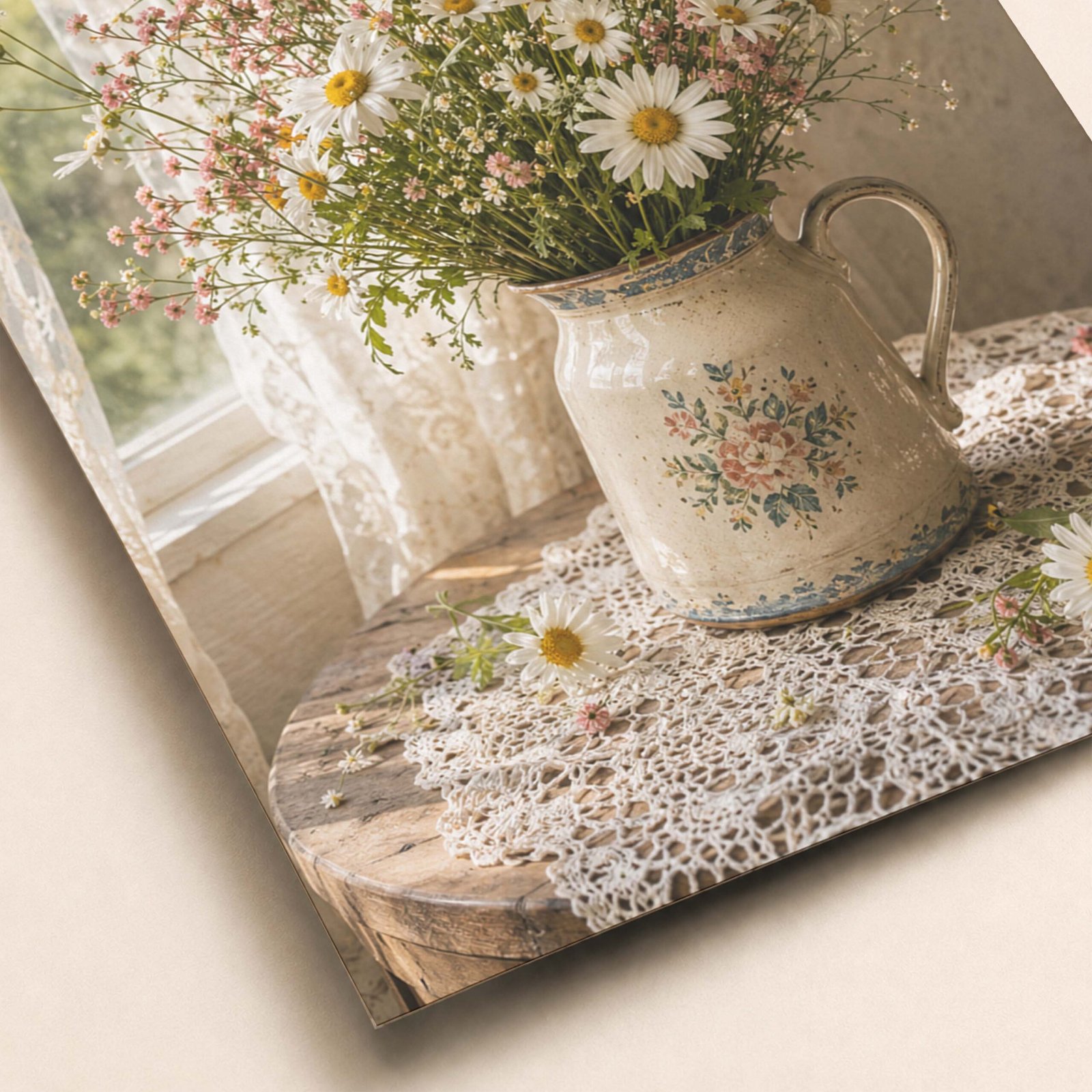 Détail du bouquet de marguerites et du pichet vintage