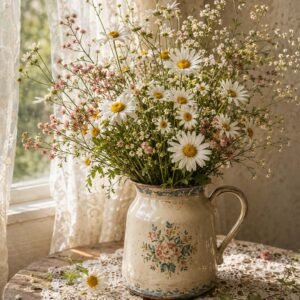 Affiche représentant Un bouquet de marguerites et de petites fleurs des champs, posé dans un pichet ancien, apporte tout de suite une sensation de calme et de douceur. La lumière naturelle et les tons crème créent une atmosphère chaleureuse, simple et très décorative