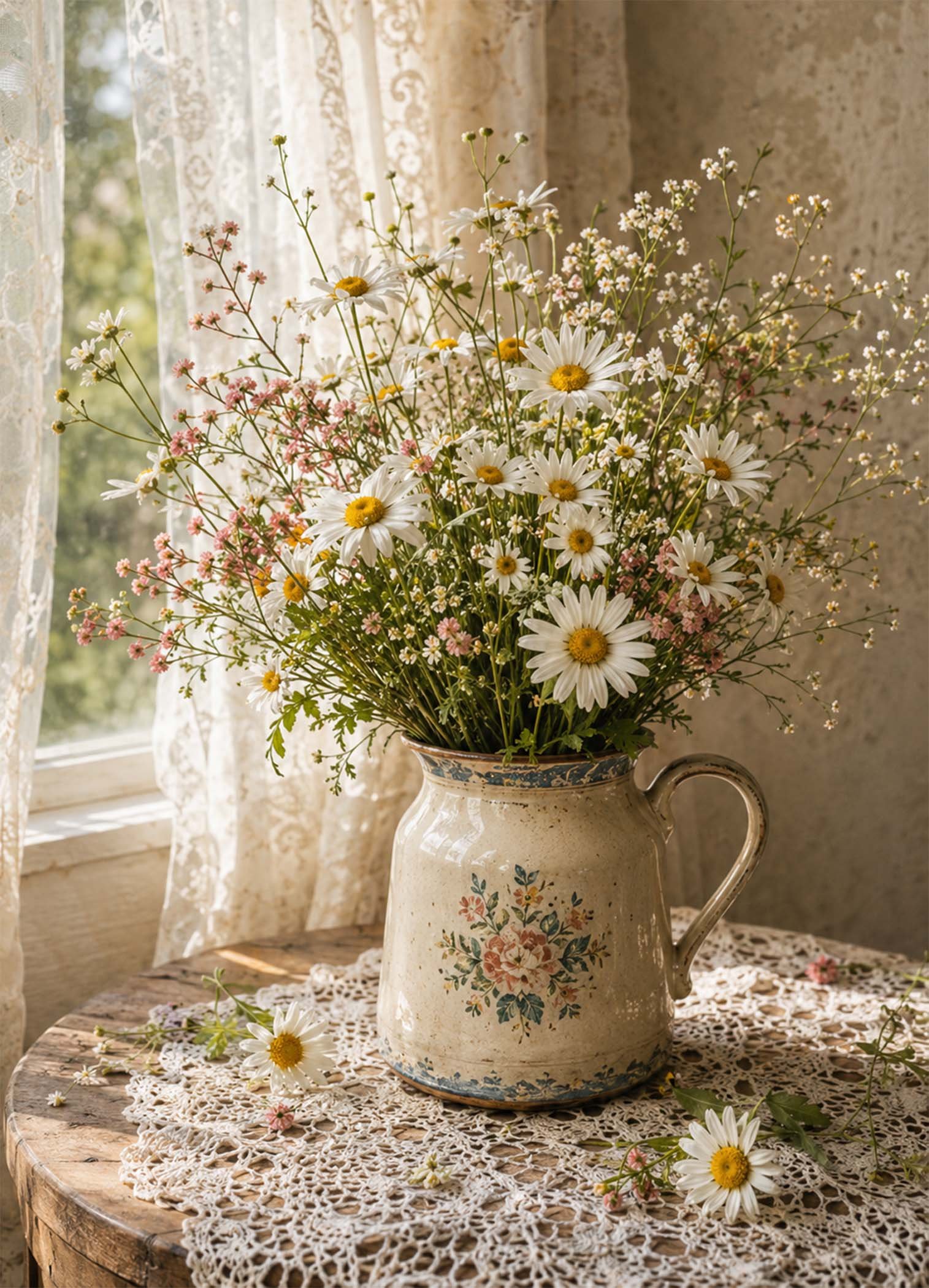 Affiche représentant Un bouquet de marguerites et de petites fleurs des champs, posé dans un pichet ancien, apporte tout de suite une sensation de calme et de douceur. La lumière naturelle et les tons crème créent une atmosphère chaleureuse, simple et très décorative