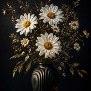 Affiche représentant un bouquet de marguerites blanches dans un vase noir strié, relevé de détails dorés délicats. Le contraste entre le fond sombre et les fleurs lumineuses crée une composition élégante, facile à intégrer dans une déco contemporaine