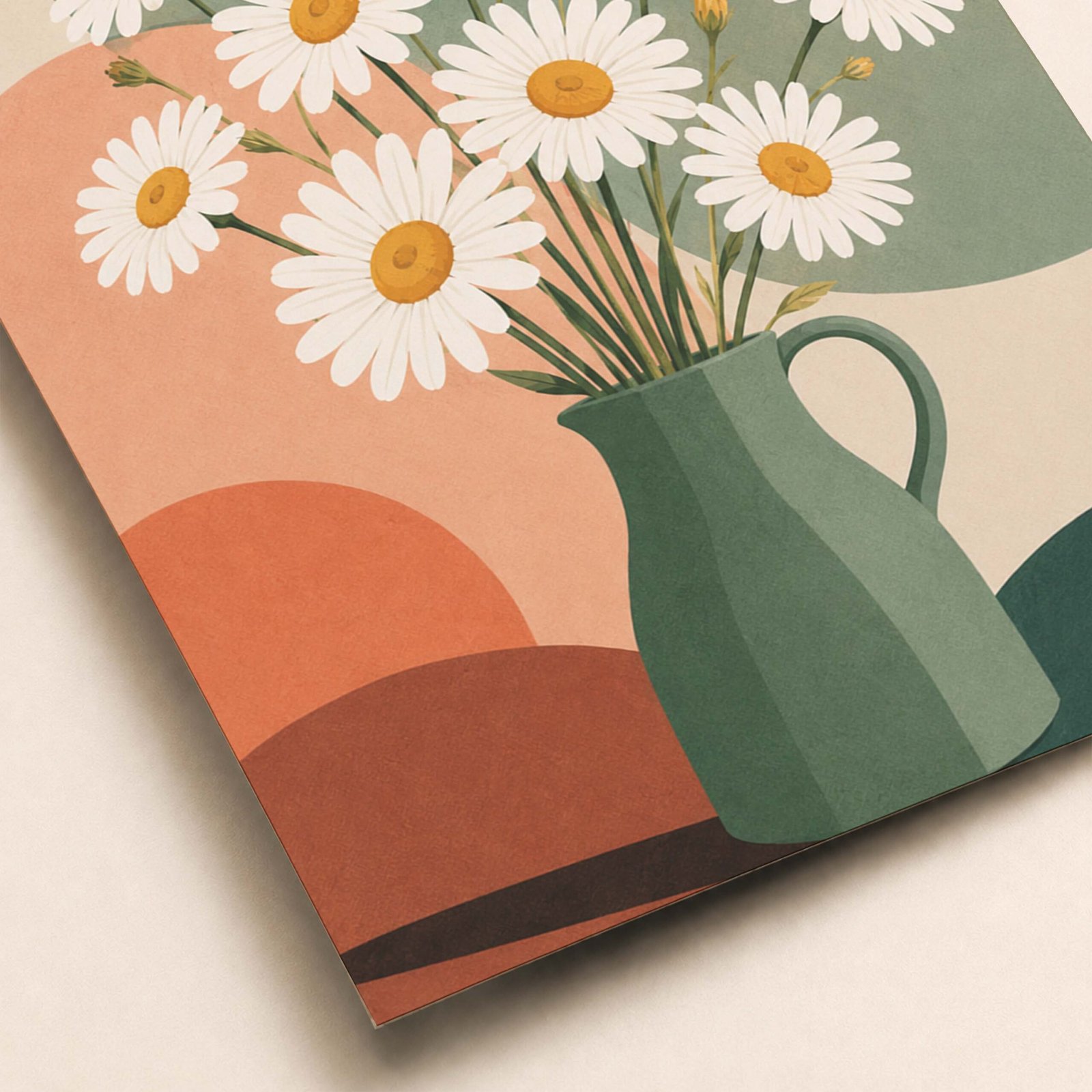 Détail du bouquet de marguerites et du vase vert