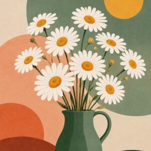 Affiche représentant un bouquet de marguerites blanches dans un vase vert, sur un fond graphique aux courbes douces. L'ensemble crée une composition simple et chaleureuse, facile à intégrer dans une déco du quotidien