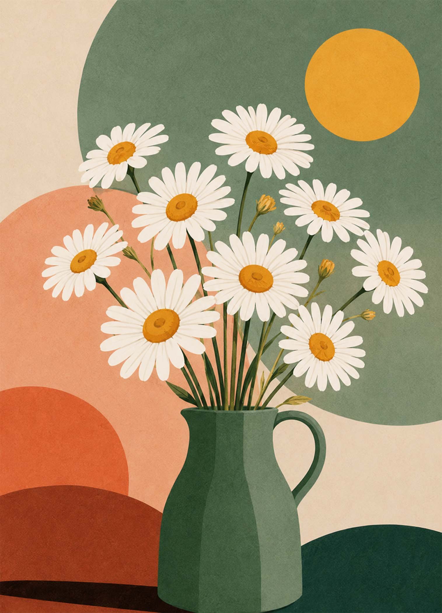 Affiche représentant un bouquet de marguerites blanches dans un vase vert, sur un fond graphique aux courbes douces. L'ensemble crée une composition simple et chaleureuse, facile à intégrer dans une déco du quotidien