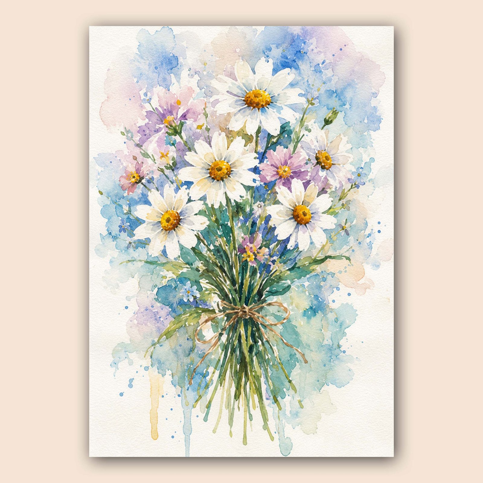 Illustration florale aquarelle avec marguerites blanches et fond pastel