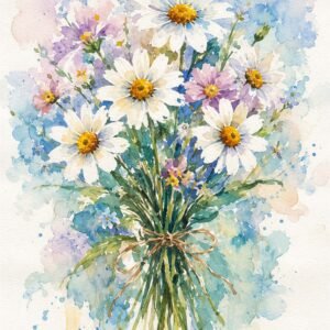 Affiche représentant une composition autour de bouquet de marguerites pastel