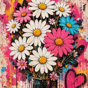 Affiche représentant Un bouquet de marguerites éclatantes prend vie dans un pot noir, sur un fond graphique plein de matière et d’éclaboussures. L’ensemble mélange douceur florale et esprit urbain pour un rendu très décoratif